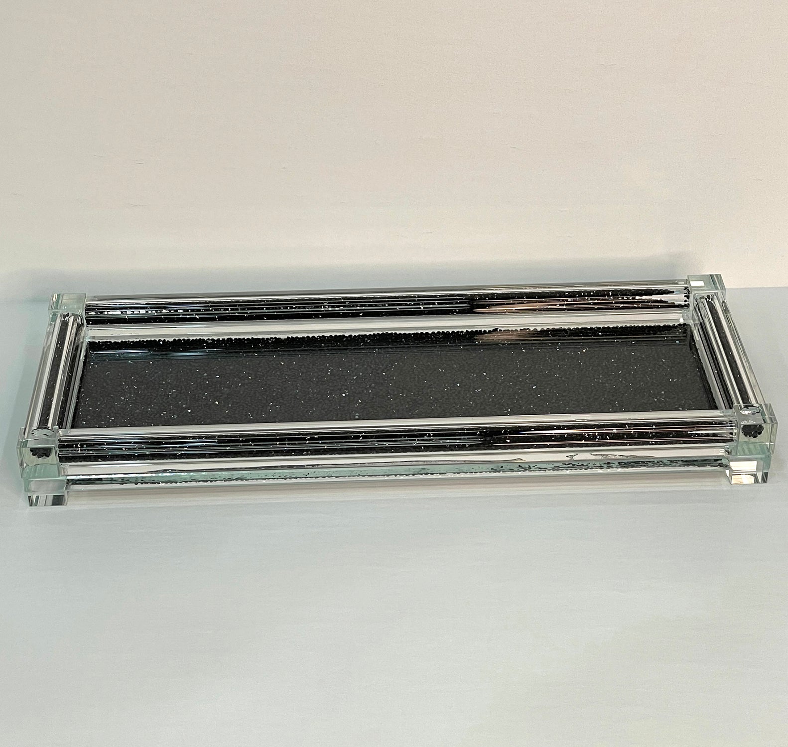 Black Crushed Diamond Glass Tray elegantly displayed in a gift box, showcasing its stylish design and luxurious finish.