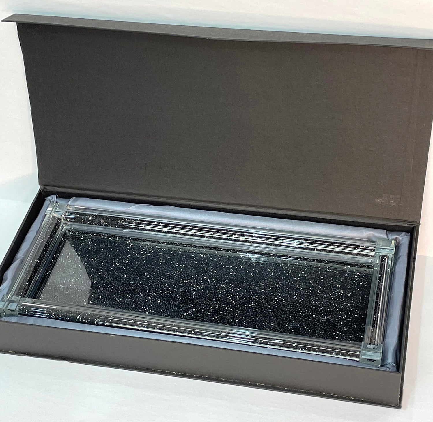 Black Crushed Diamond Glass Tray elegantly displayed in a gift box, showcasing its stylish design and luxurious finish.