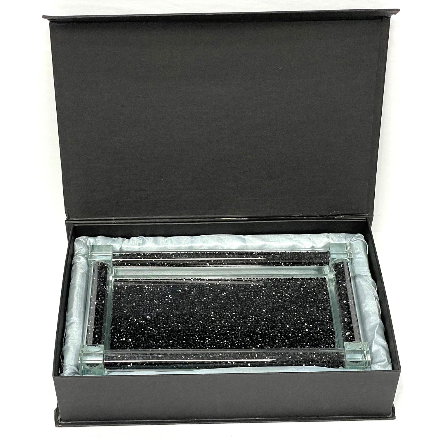 Black Crushed Diamond Glass Tray elegantly displayed in a gift box, showcasing its stylish design and luxurious finish.