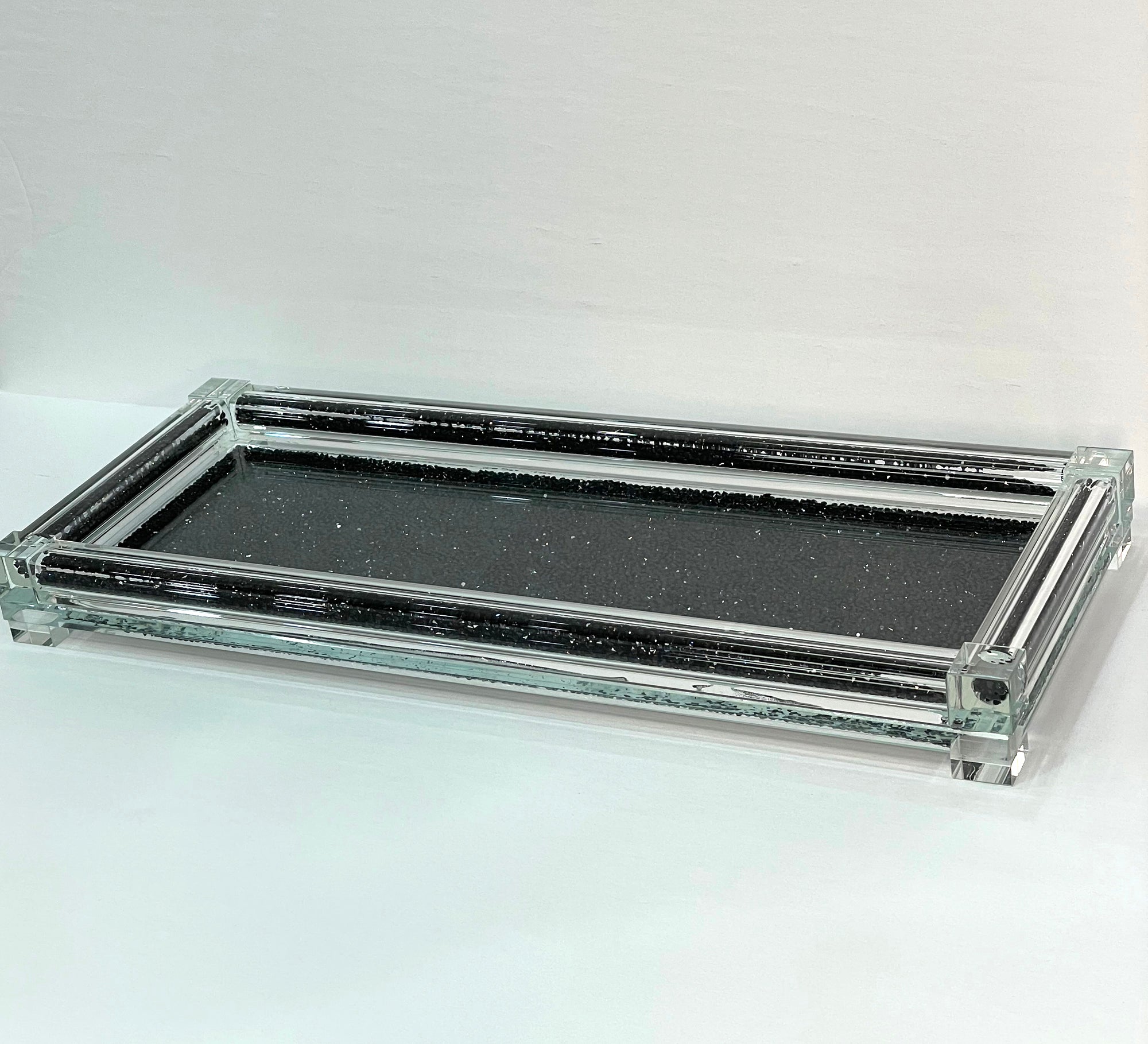 Black Crushed Diamond Glass Tray elegantly displayed in a gift box, showcasing its stylish design and luxurious finish.