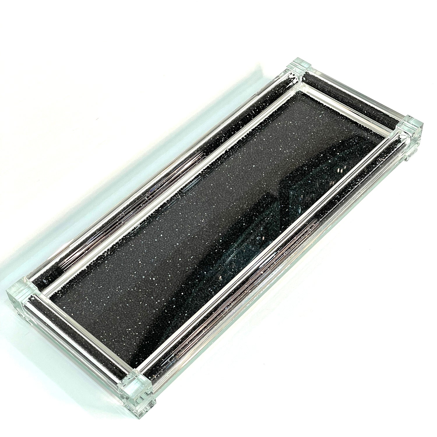 Black Crushed Diamond Glass Tray elegantly displayed in a gift box, showcasing its stylish design and luxurious finish.