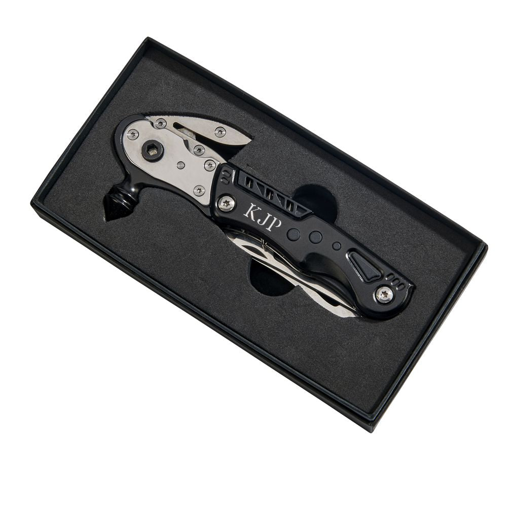 Black Glass Breaker Multi Tool with various functions including glass breaker, seat belt cutter, and LED light, presented in a gift box.