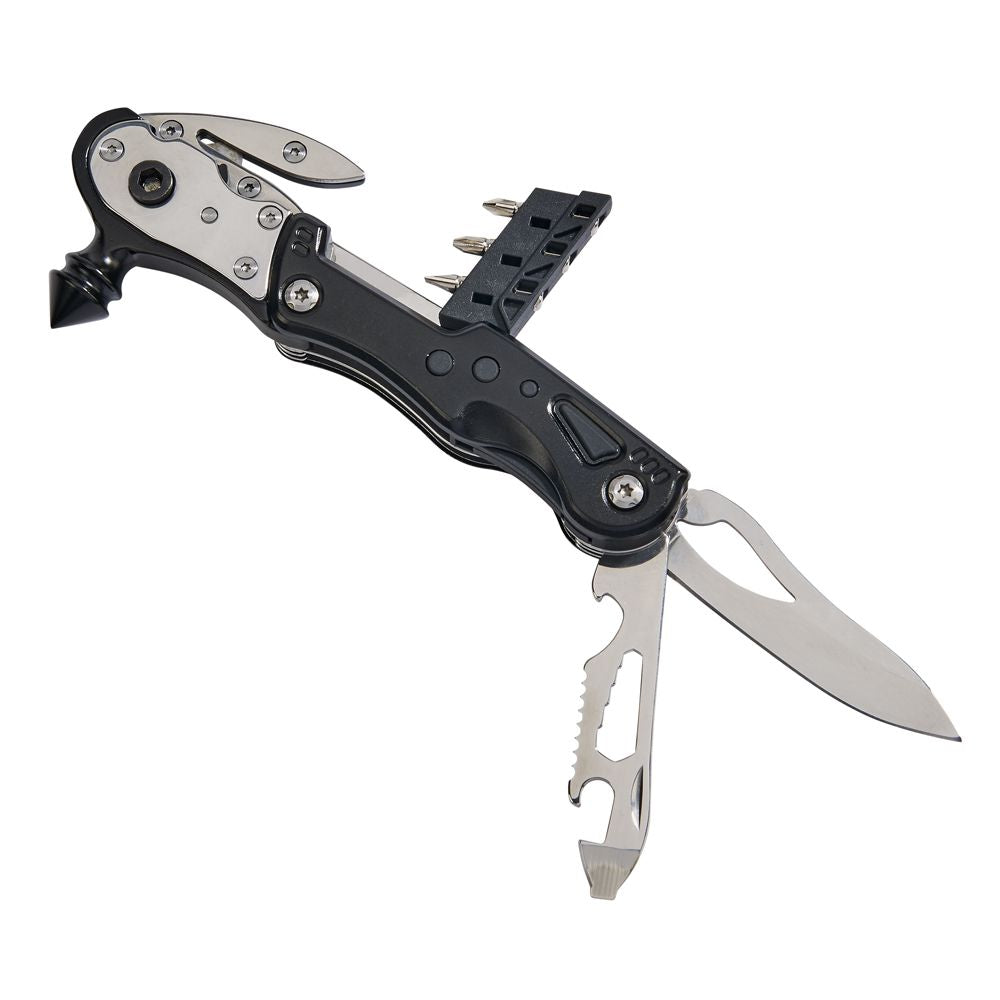 Black Glass Breaker Multi Tool with various functions including glass breaker, seat belt cutter, and LED light, presented in a gift box.