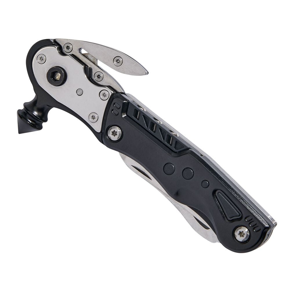 Black Glass Breaker Multi Tool with various functions including glass breaker, seat belt cutter, and LED light, presented in a gift box.