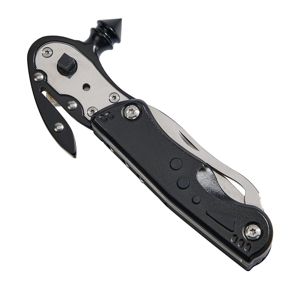 Black Glass Breaker Multi Tool with various functions including glass breaker, seat belt cutter, and LED light, presented in a gift box.