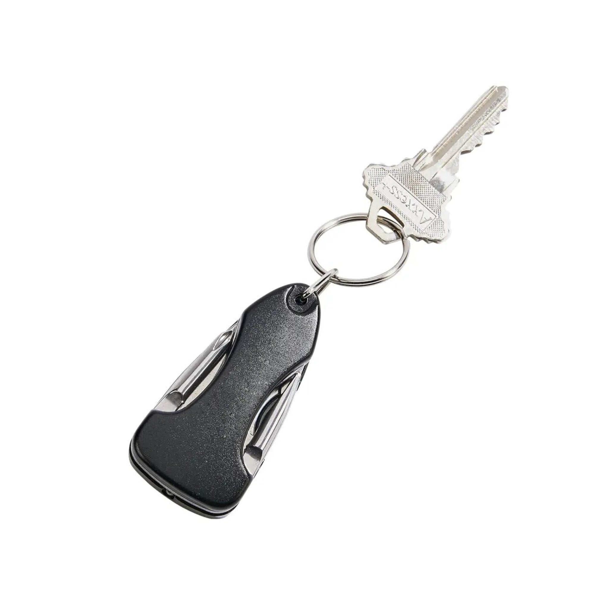 Compact black key chain multi-tool featuring knife, screwdrivers, bottle opener, and LED light.