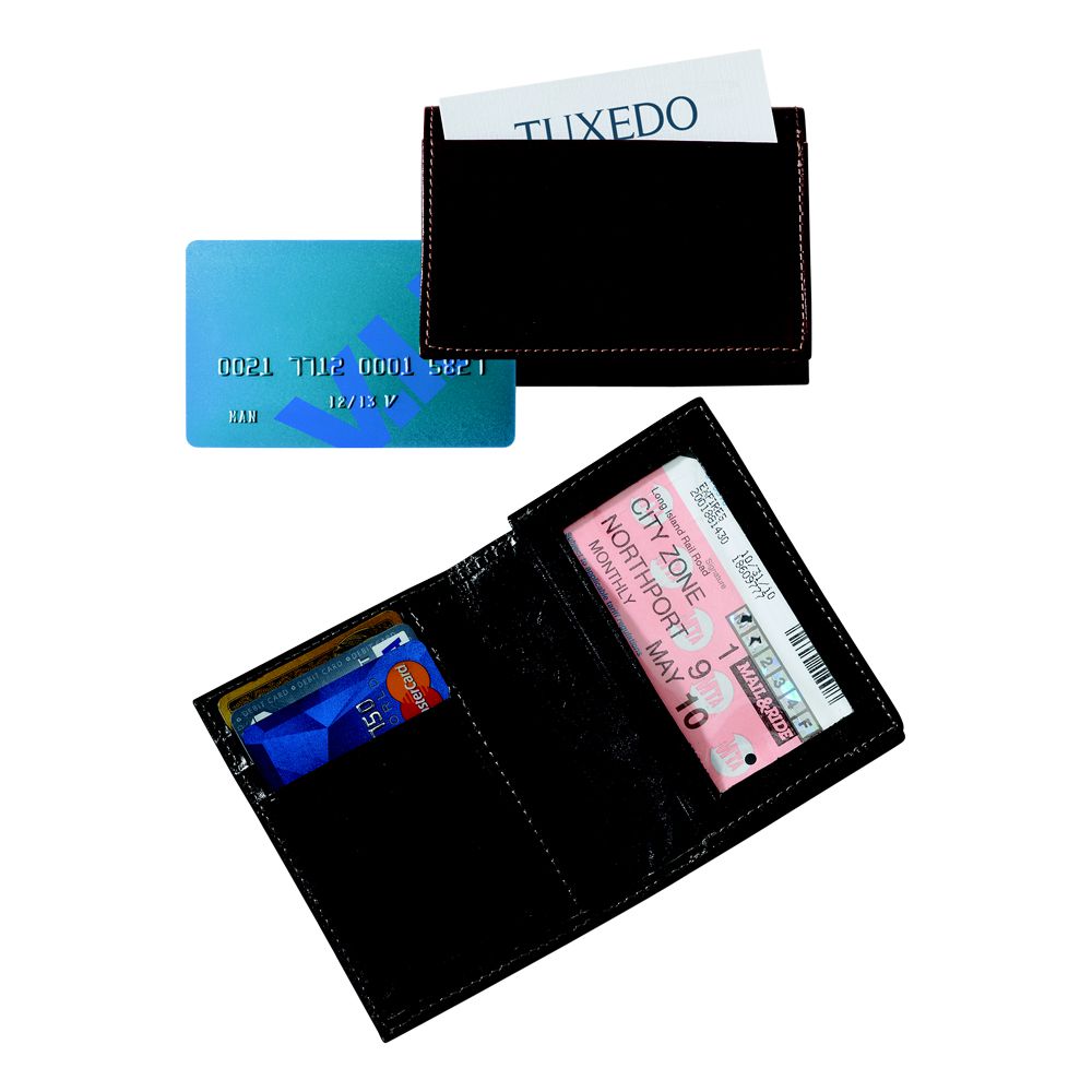 Black leather expanding card case with ID window and credit card slots, showcasing its elegant design and functionality.