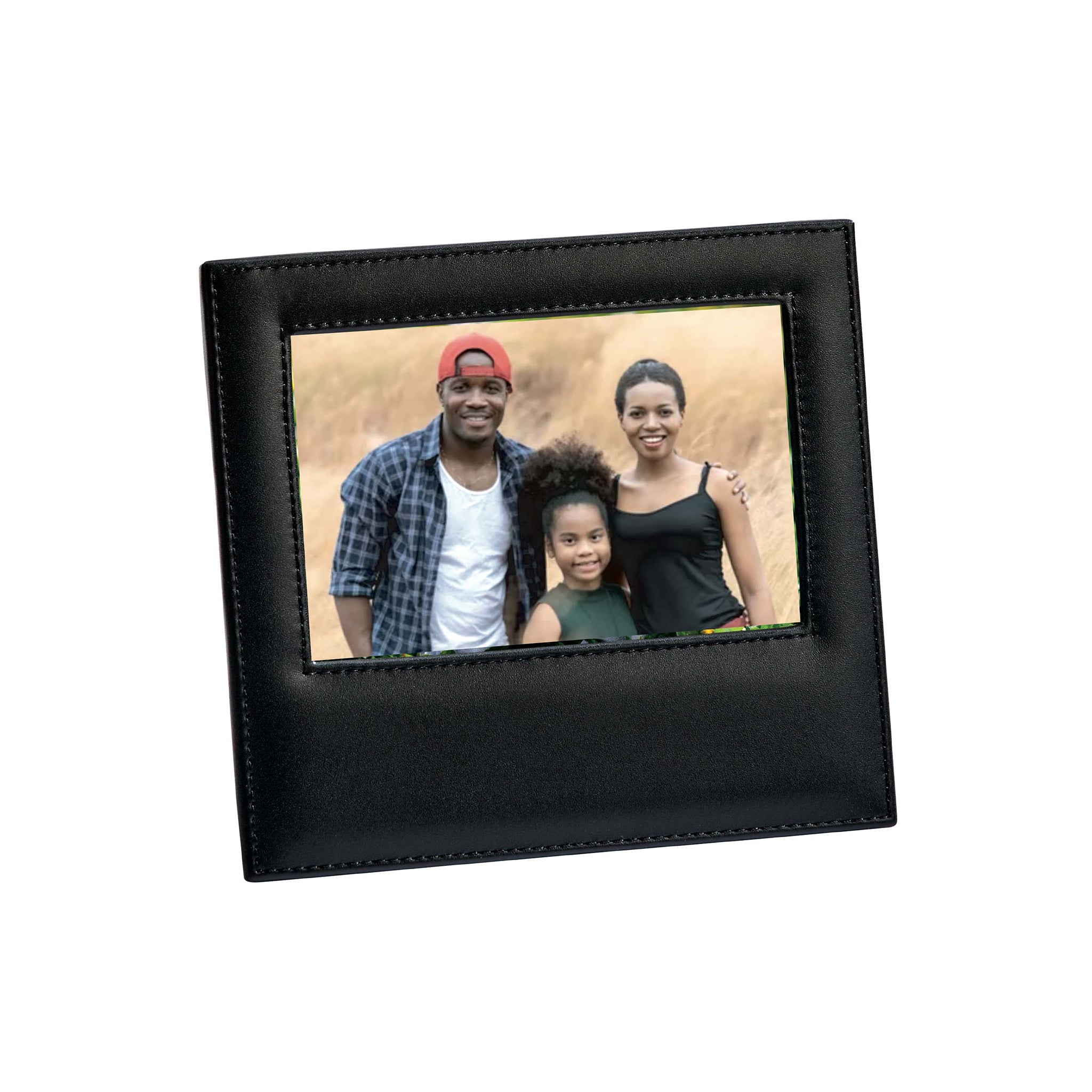 Elegant black leather frame holding a 4x6 photo, showcasing a stylish design with a 2-way easel back.