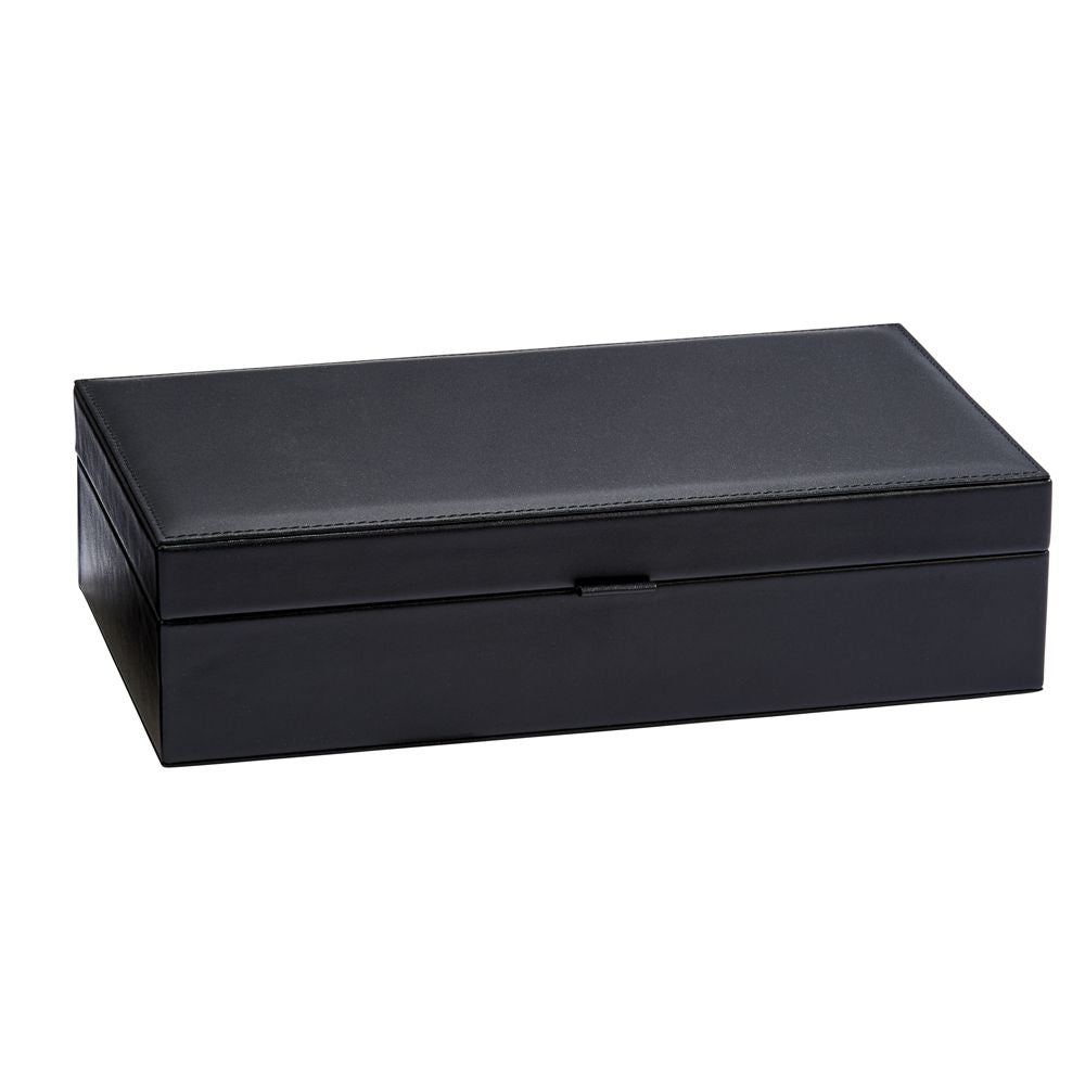 Elegant black leather jewelry box with grey velveteen lining, featuring multiple compartments for watches, rings, and other jewelry.