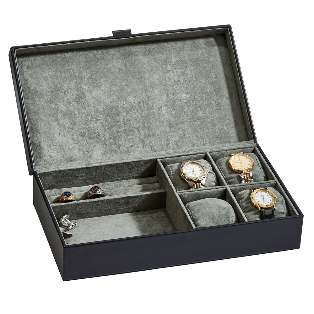 Elegant black leather jewelry box with grey velveteen lining, featuring multiple compartments for watches, rings, and other jewelry.