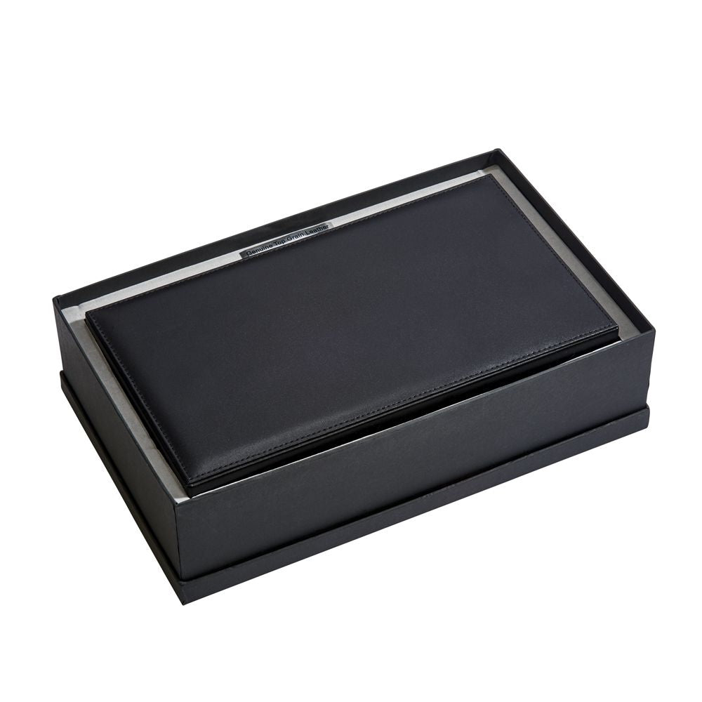 Elegant black leather jewelry box with grey velveteen lining, featuring multiple compartments for watches, rings, and other jewelry.