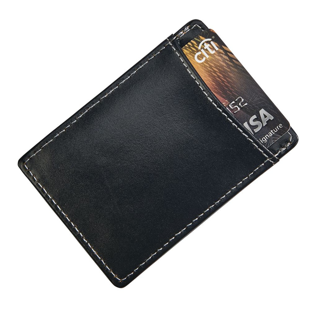 Black leather money clip and card holder with magnetic closure, featuring card slots and a sleek design.