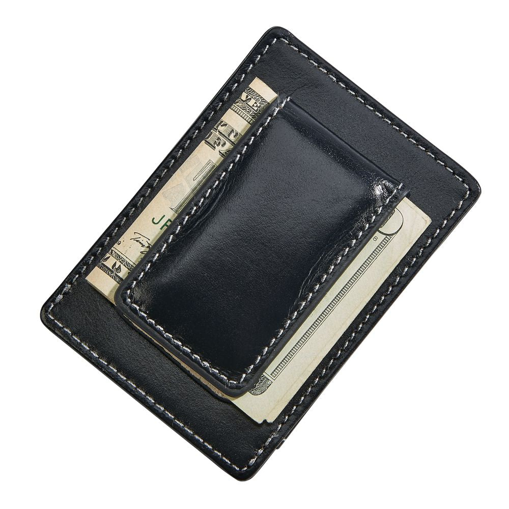 Black leather money clip and card holder with magnetic closure, featuring card slots and a sleek design.