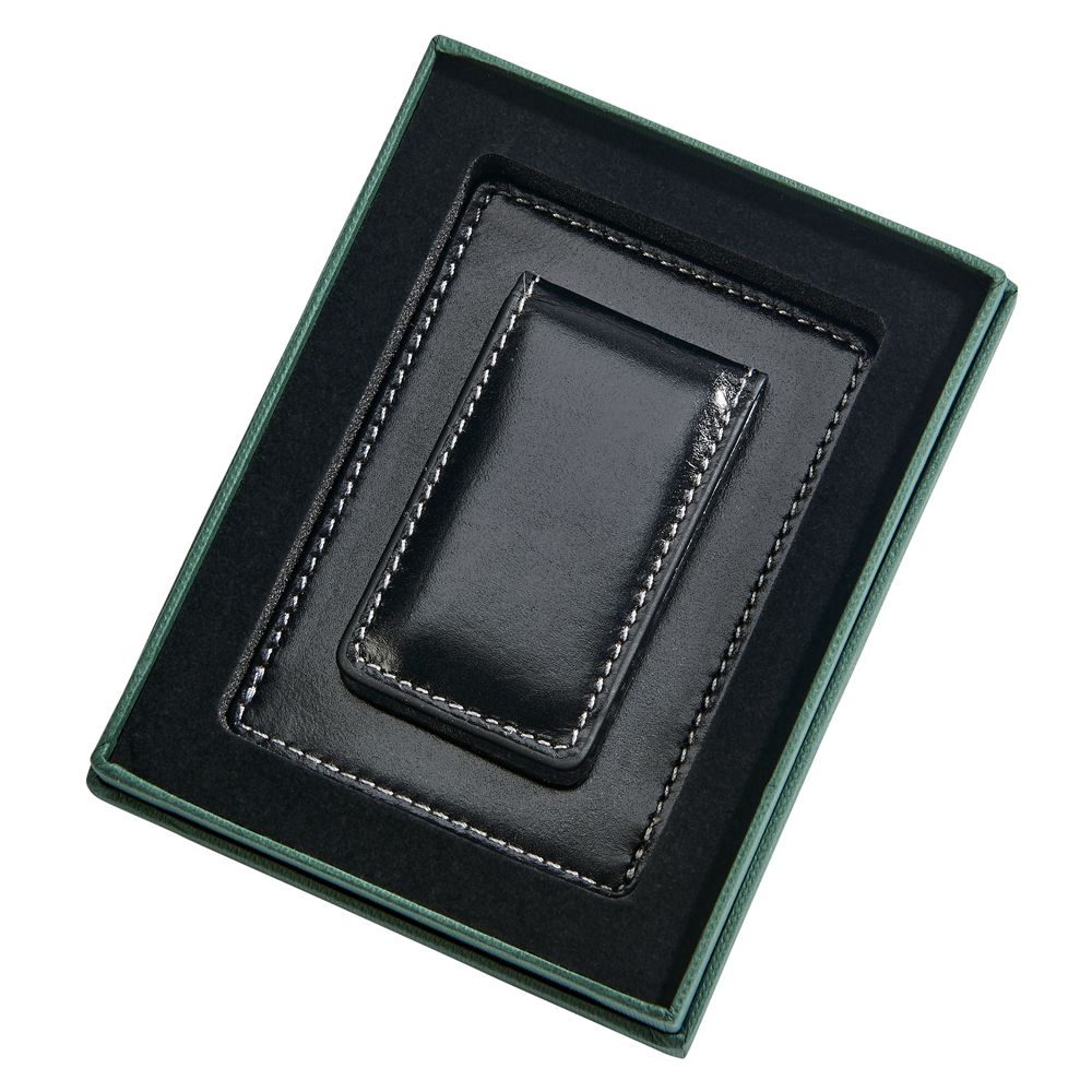 Black leather money clip and card holder with magnetic closure, featuring card slots and a sleek design.