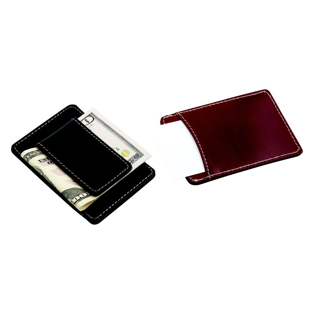 Black leather money clip and card holder with magnetic closure, featuring card slots and a sleek design.