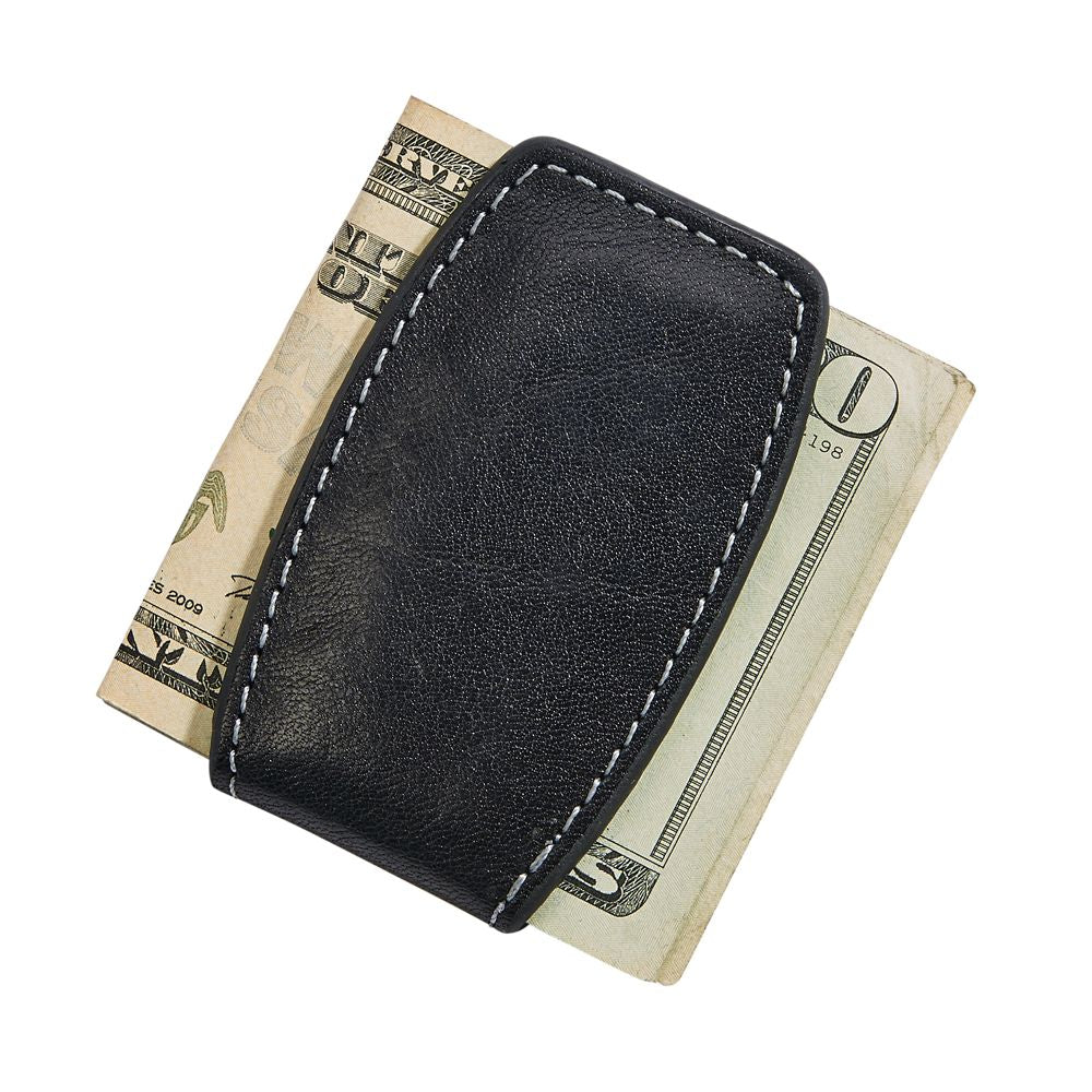 A sleek black leather money clip with embedded magnets and detailed stitching, elegantly holding cash.