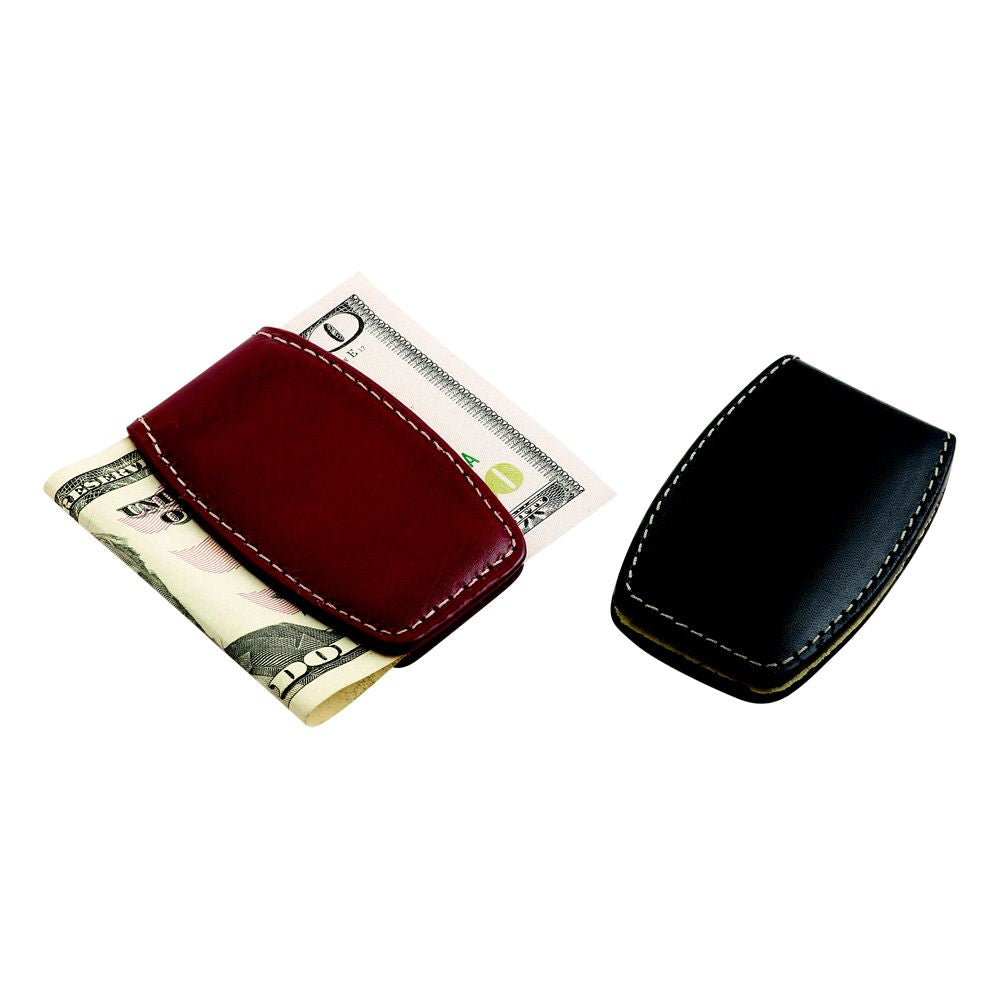 A sleek black leather money clip with embedded magnets and detailed stitching, elegantly holding cash.