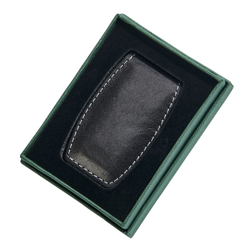 A sleek black leather money clip with embedded magnets and detailed stitching, elegantly holding cash.