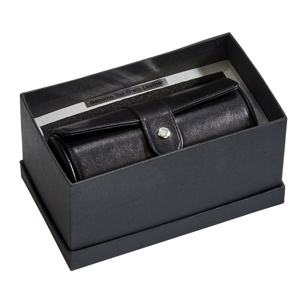 Black leather round jewelry case with a textured pillow insert and cushioned ring area, elegantly designed for travel and storage.