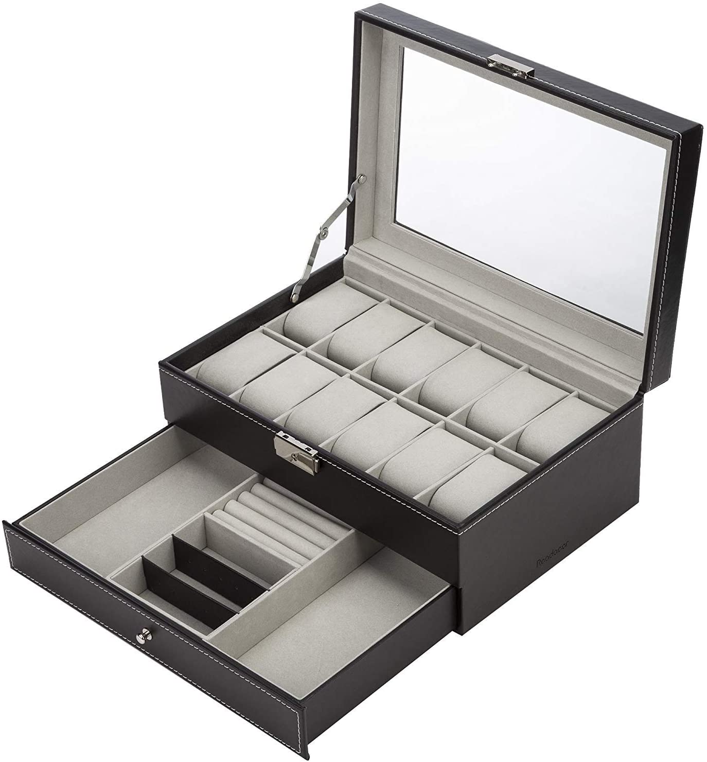 Elegant black leather watch box with glass lid, featuring 12 slots for watches and jewelry, showcasing a luxurious design.