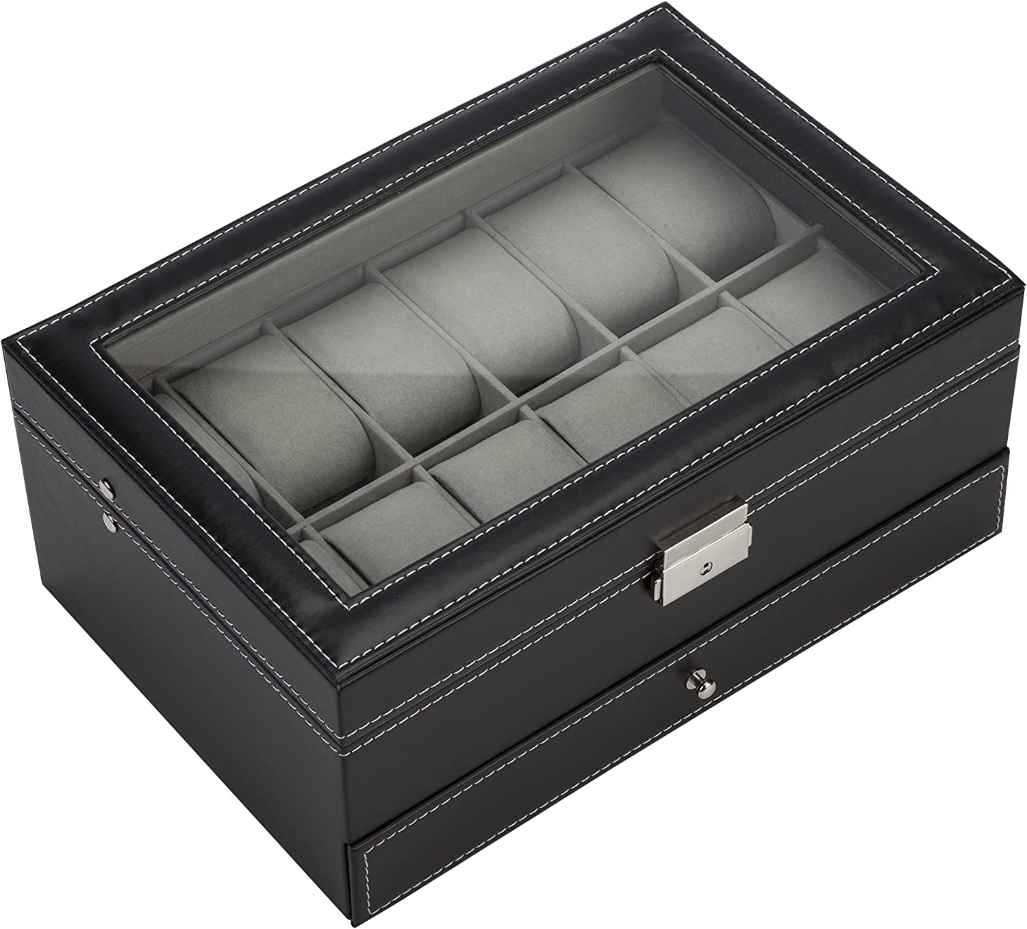 Elegant black leather watch box with glass lid, featuring 12 slots for watches and jewelry, showcasing a luxurious design.