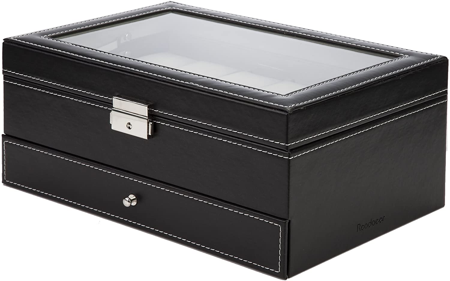 Elegant black leather watch box with glass lid, featuring 12 slots for watches and jewelry, showcasing a luxurious design.