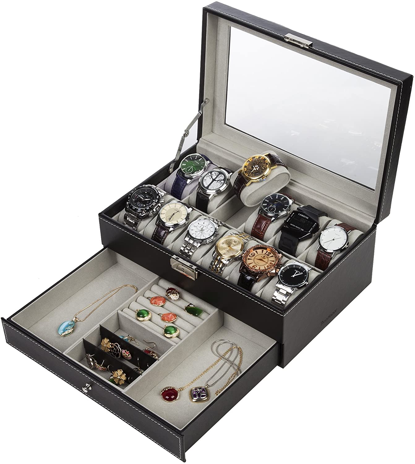 Elegant black leather watch box with glass lid, featuring 12 slots for watches and jewelry, showcasing a luxurious design.