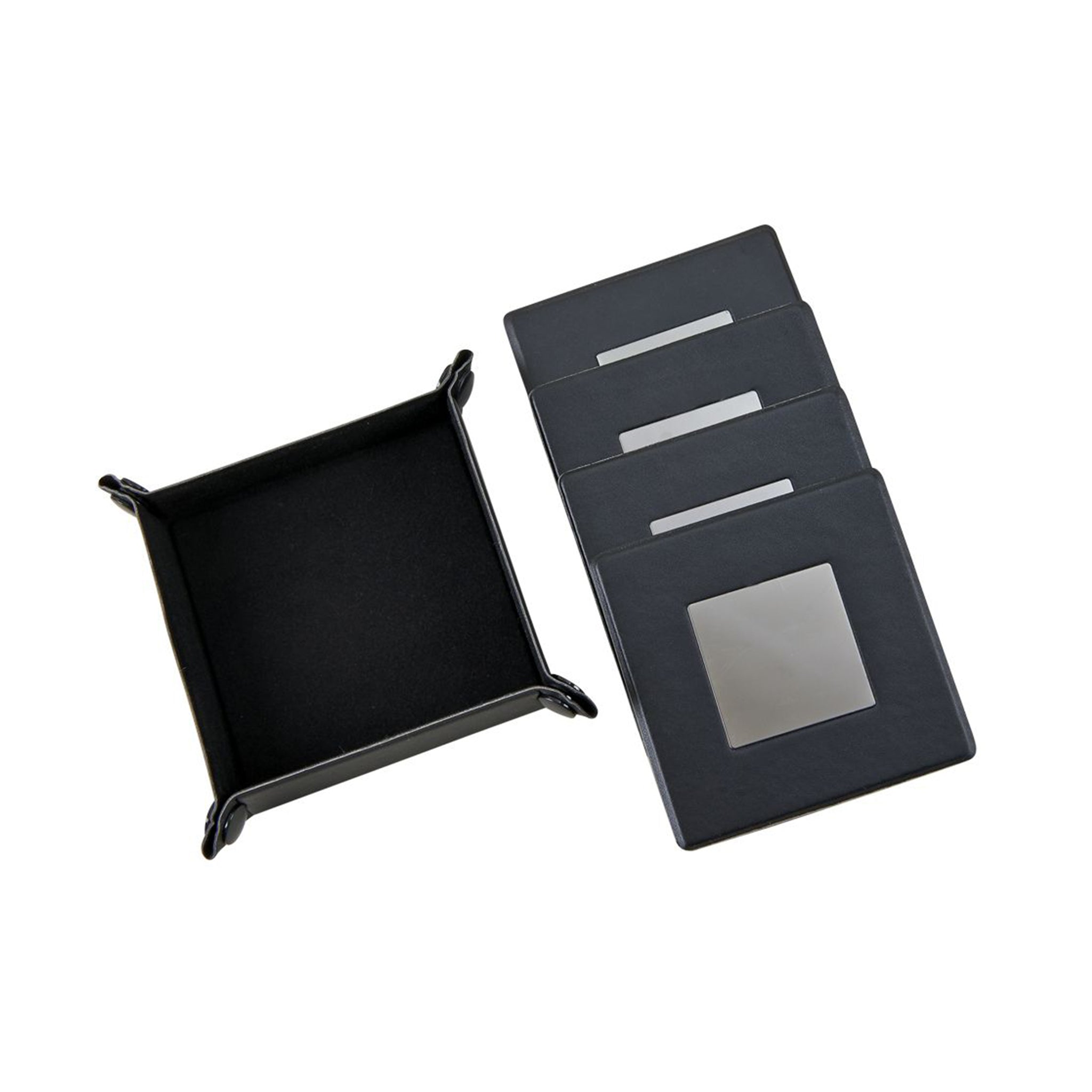 Black Leatherette 5 Piece Coaster Set with matching snap tray, featuring metal plates for personalization.