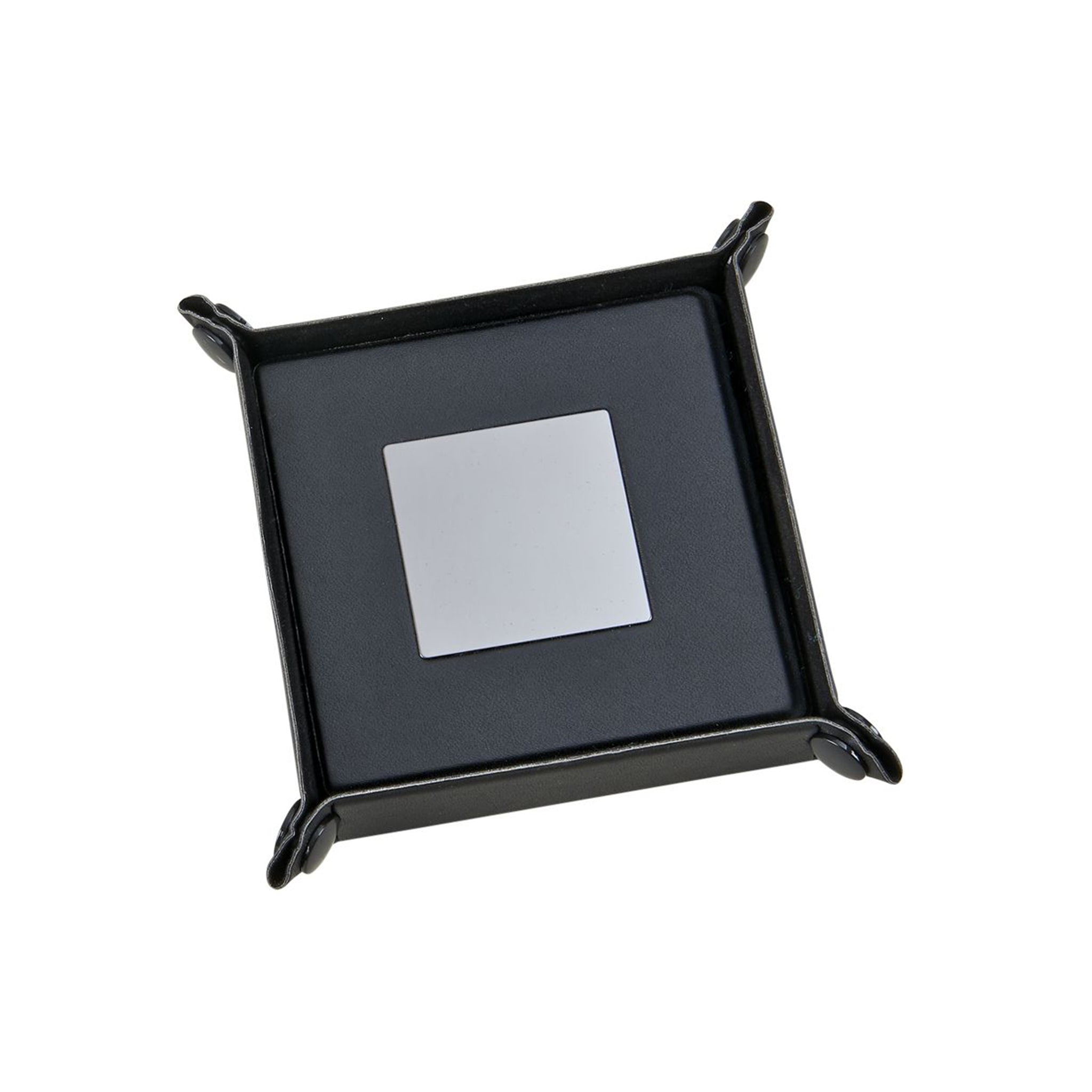 Black Leatherette 5 Piece Coaster Set with matching snap tray, featuring metal plates for personalization.