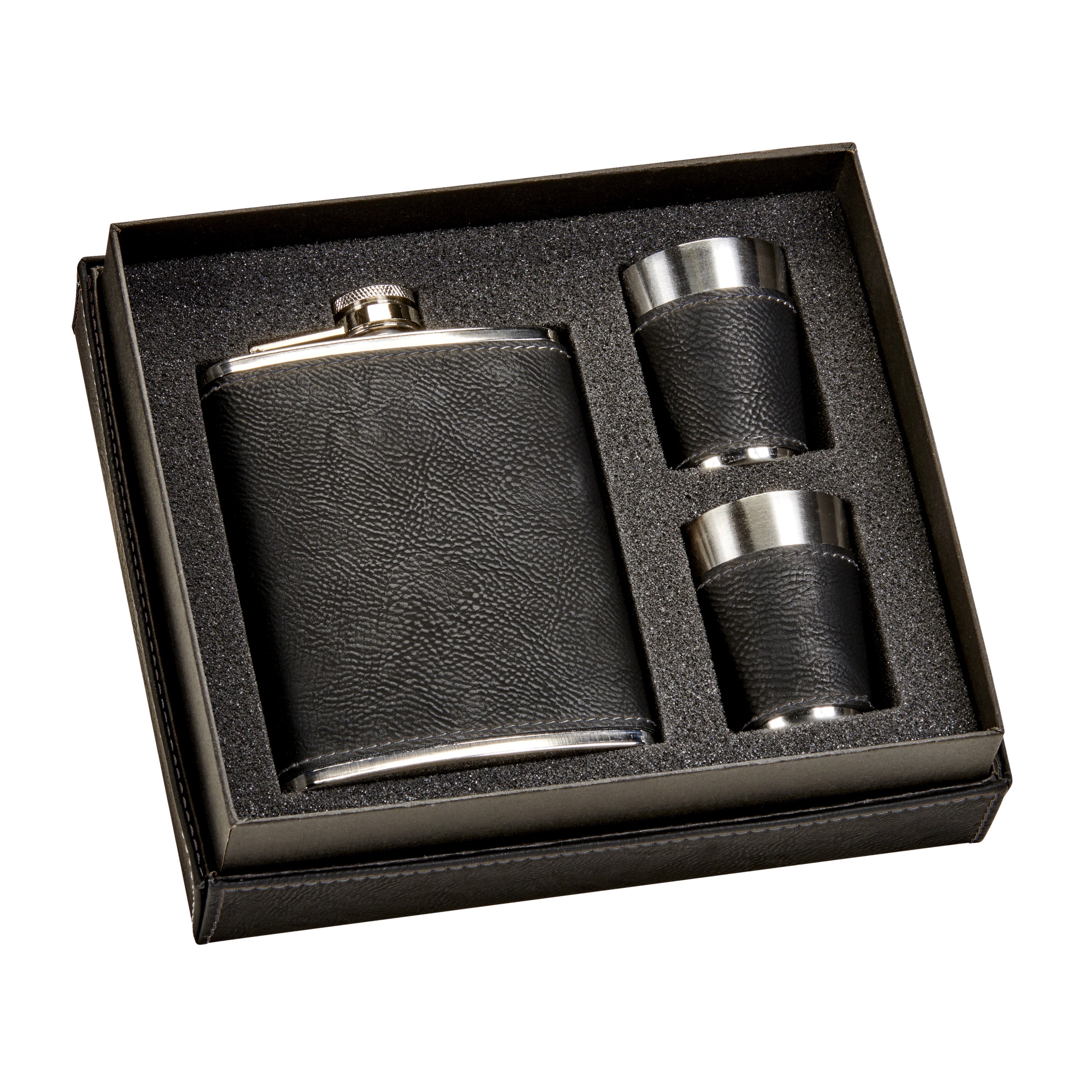 Black Leatherette Flask with two matching stainless steel shot glasses, elegantly presented in a gift box.