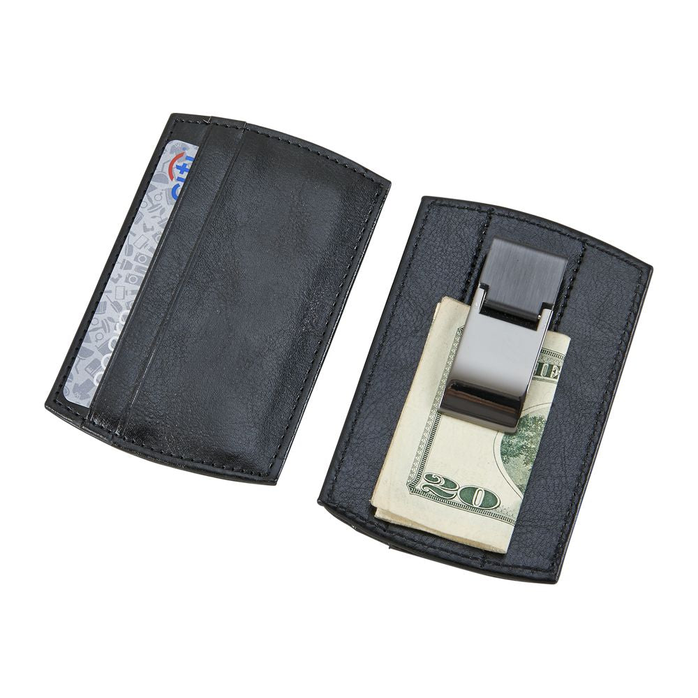 Black leatherette money clip and card holder with two card slots and gun metal clip, elegantly designed for organization.