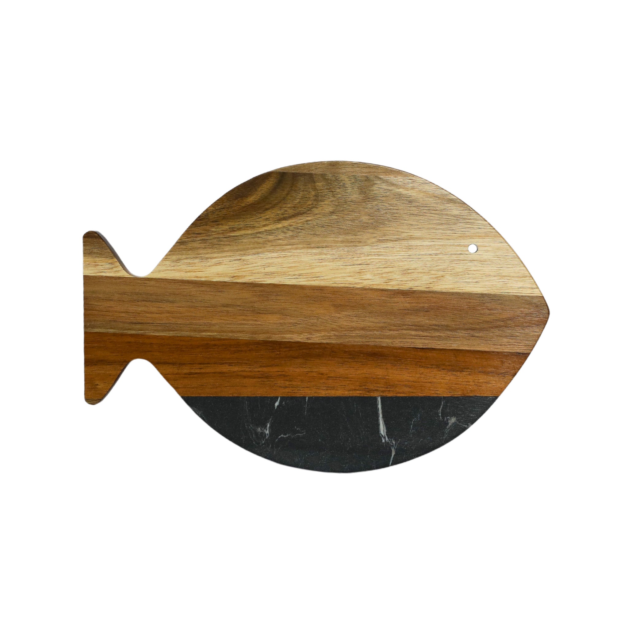 A stylish Black Marble and Acacia Wood Fish Board, featuring a unique fish shape and elegant black marble accent, perfect for serving and cutting.