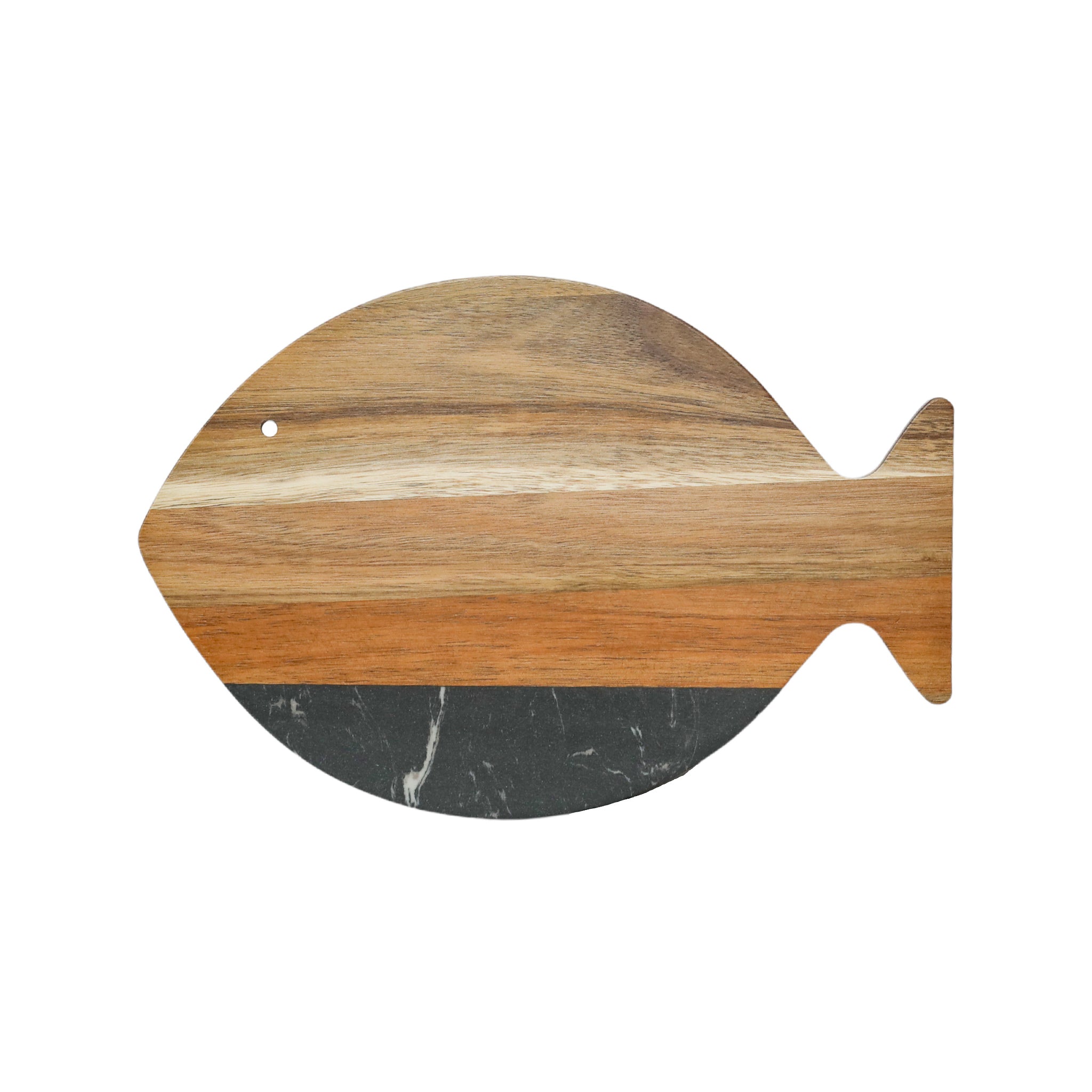 A stylish Black Marble and Acacia Wood Fish Board, featuring a unique fish shape and elegant black marble accent, perfect for serving and cutting.