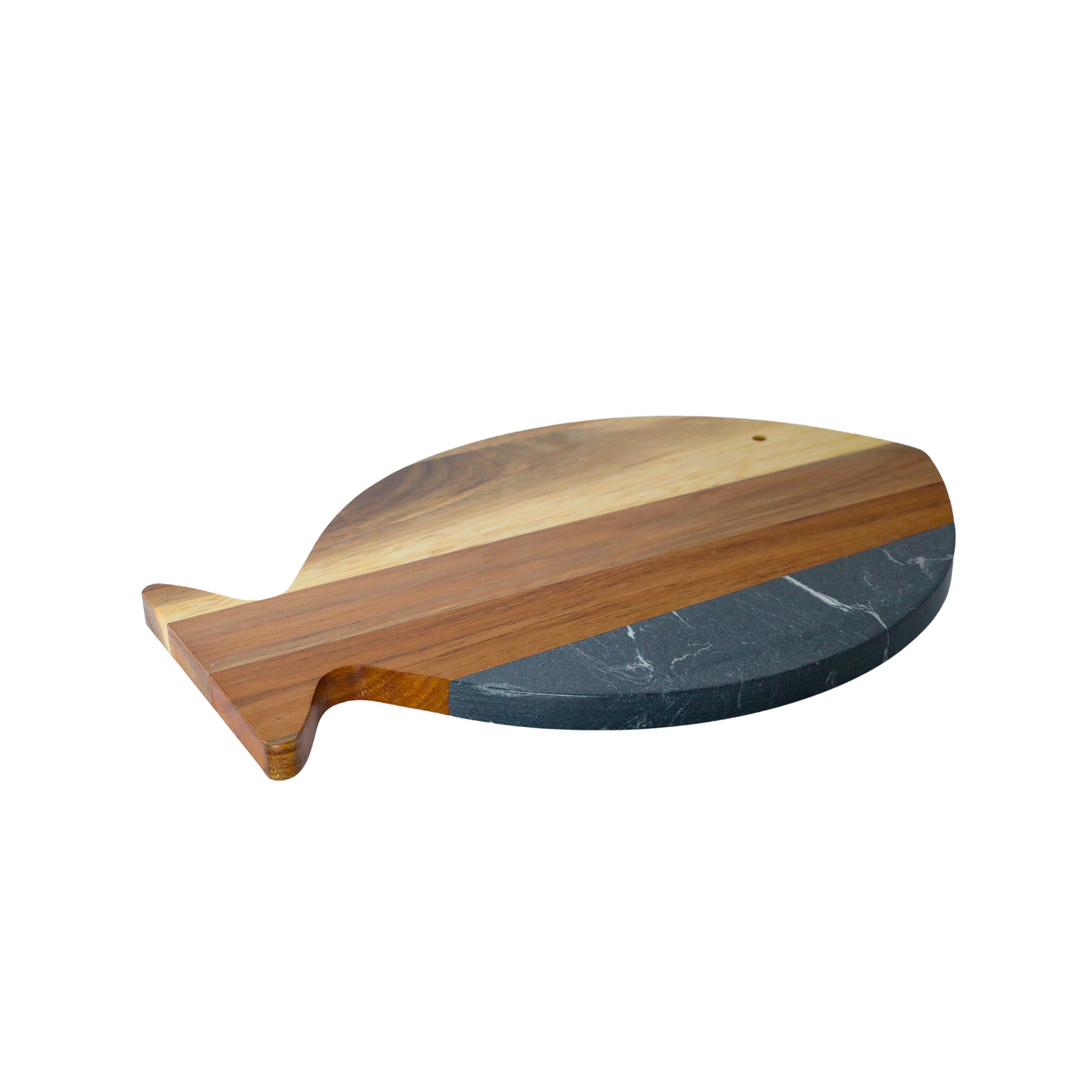 A stylish Black Marble and Acacia Wood Fish Board, featuring a unique fish shape and elegant black marble accent, perfect for serving and cutting.