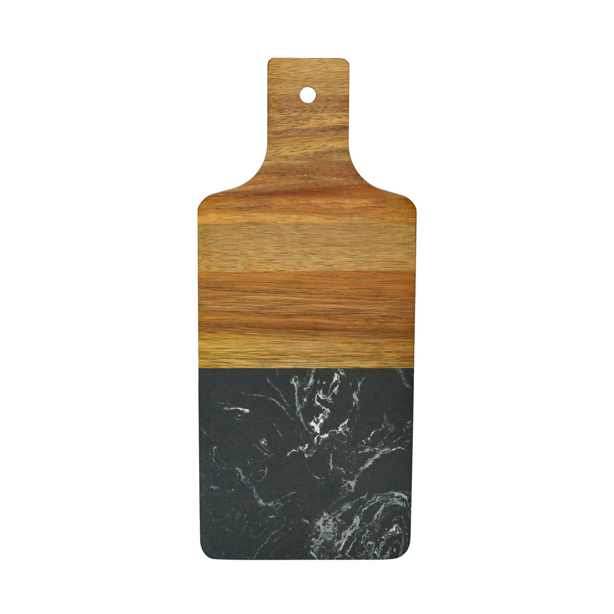 A stylish Black Marble and Acacia Wood Handled Board, featuring a sleek design with a comfortable acacia wood handle, perfect for serving appetizers.