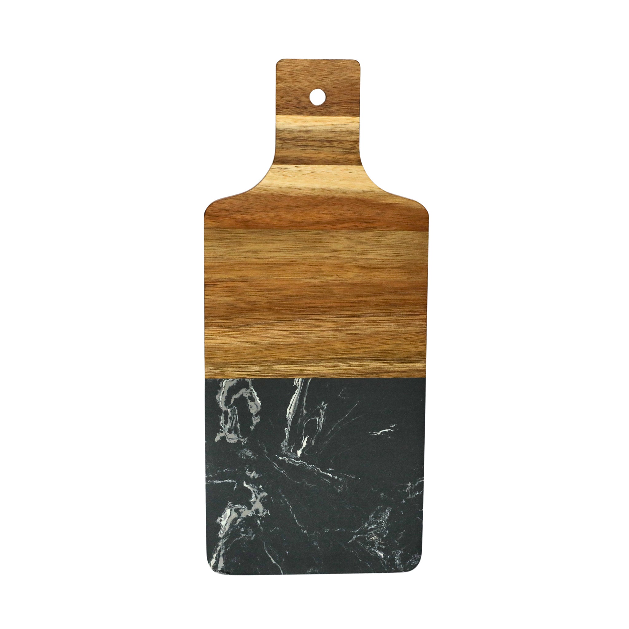 A stylish Black Marble and Acacia Wood Handled Board, featuring a sleek design with a comfortable acacia wood handle, perfect for serving appetizers.