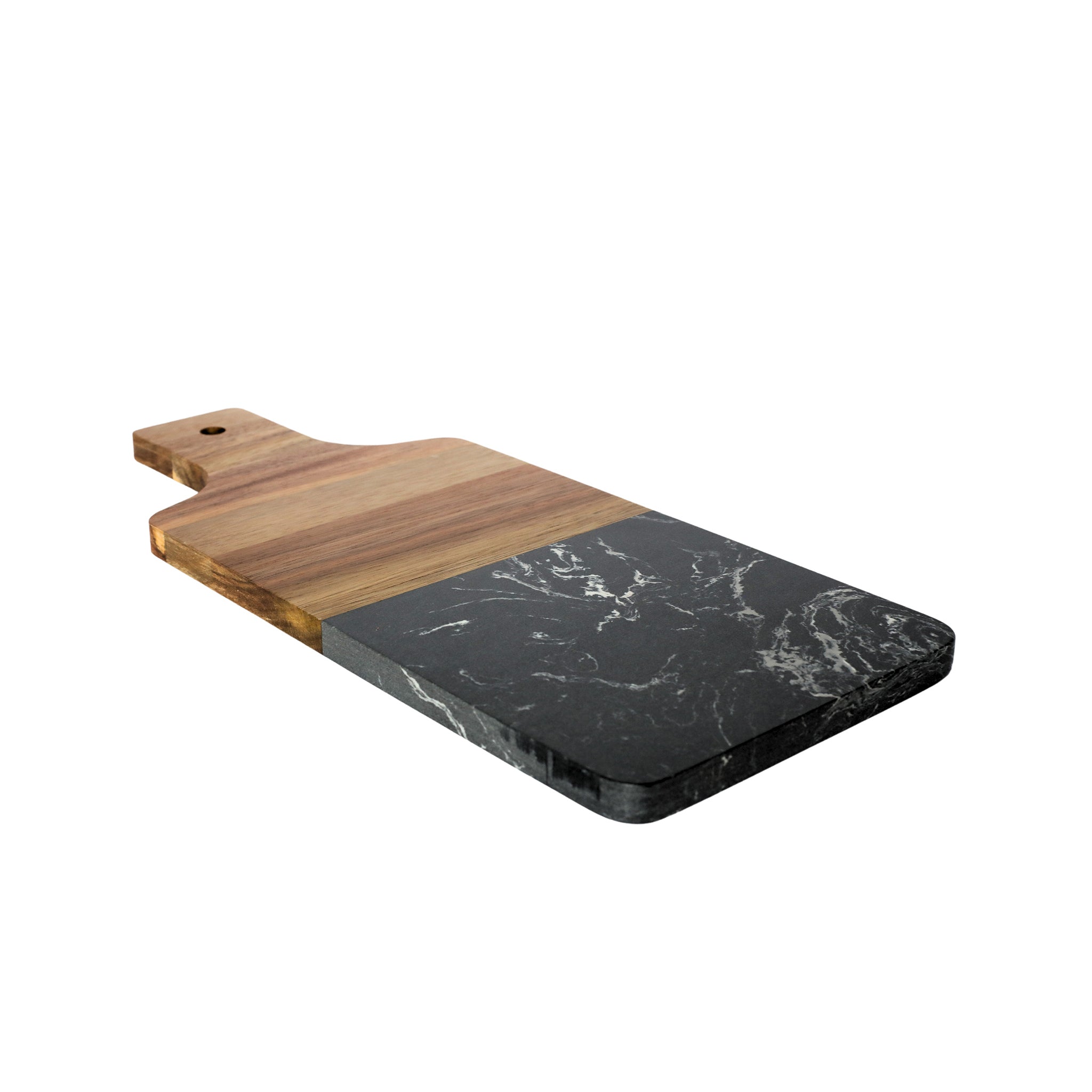 A stylish Black Marble and Acacia Wood Handled Board, featuring a sleek design with a comfortable acacia wood handle, perfect for serving appetizers.