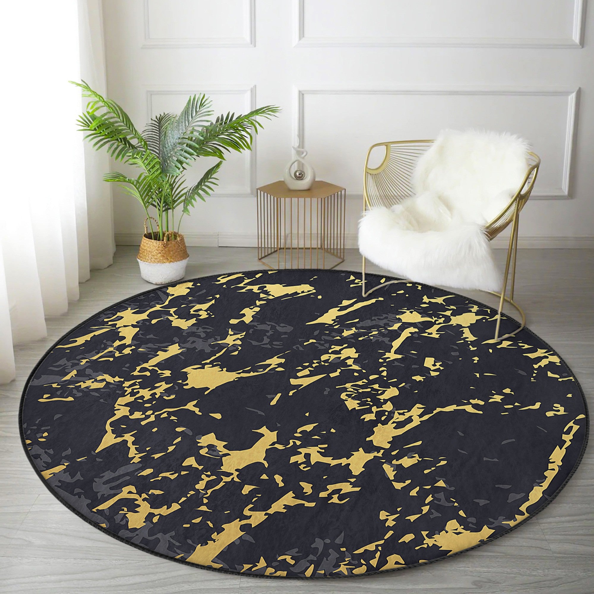 Black Marble Design Washable Round Rug showcasing elegant marble patterns on soft velvet fabric, perfect for home or office decor.