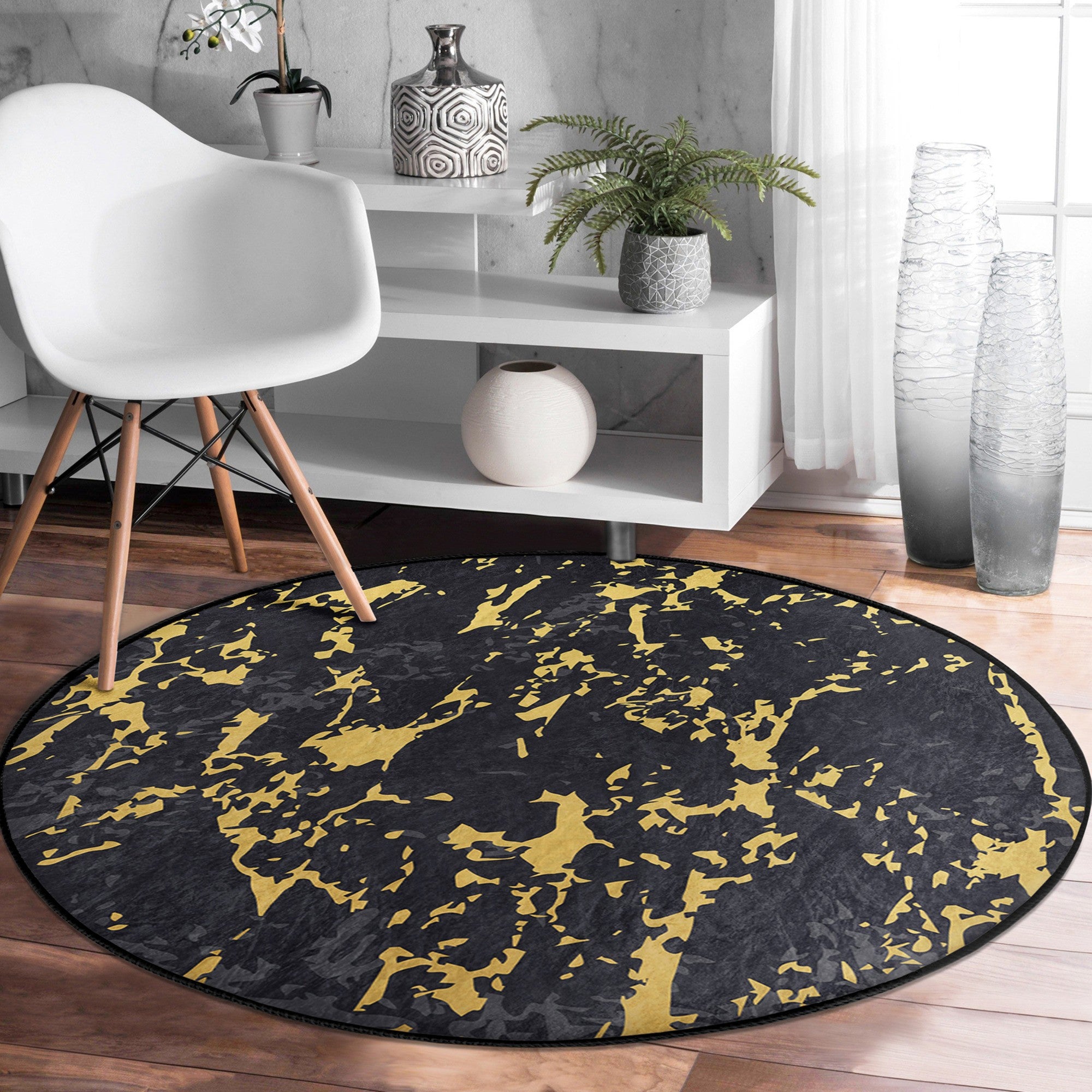 Black Marble Design Washable Round Rug showcasing elegant marble patterns on soft velvet fabric, perfect for home or office decor.