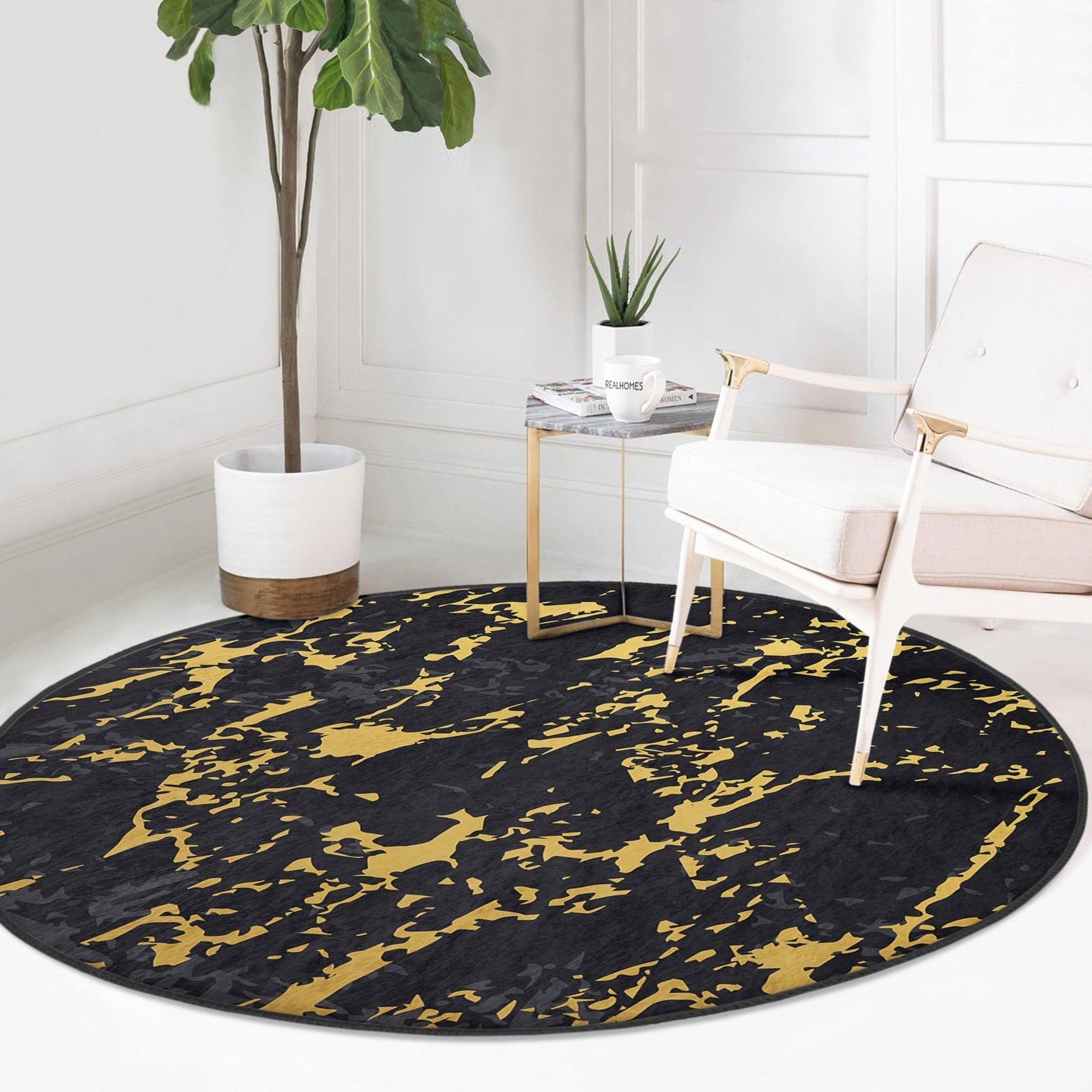 Black Marble Design Washable Round Rug showcasing elegant marble patterns on soft velvet fabric, perfect for home or office decor.