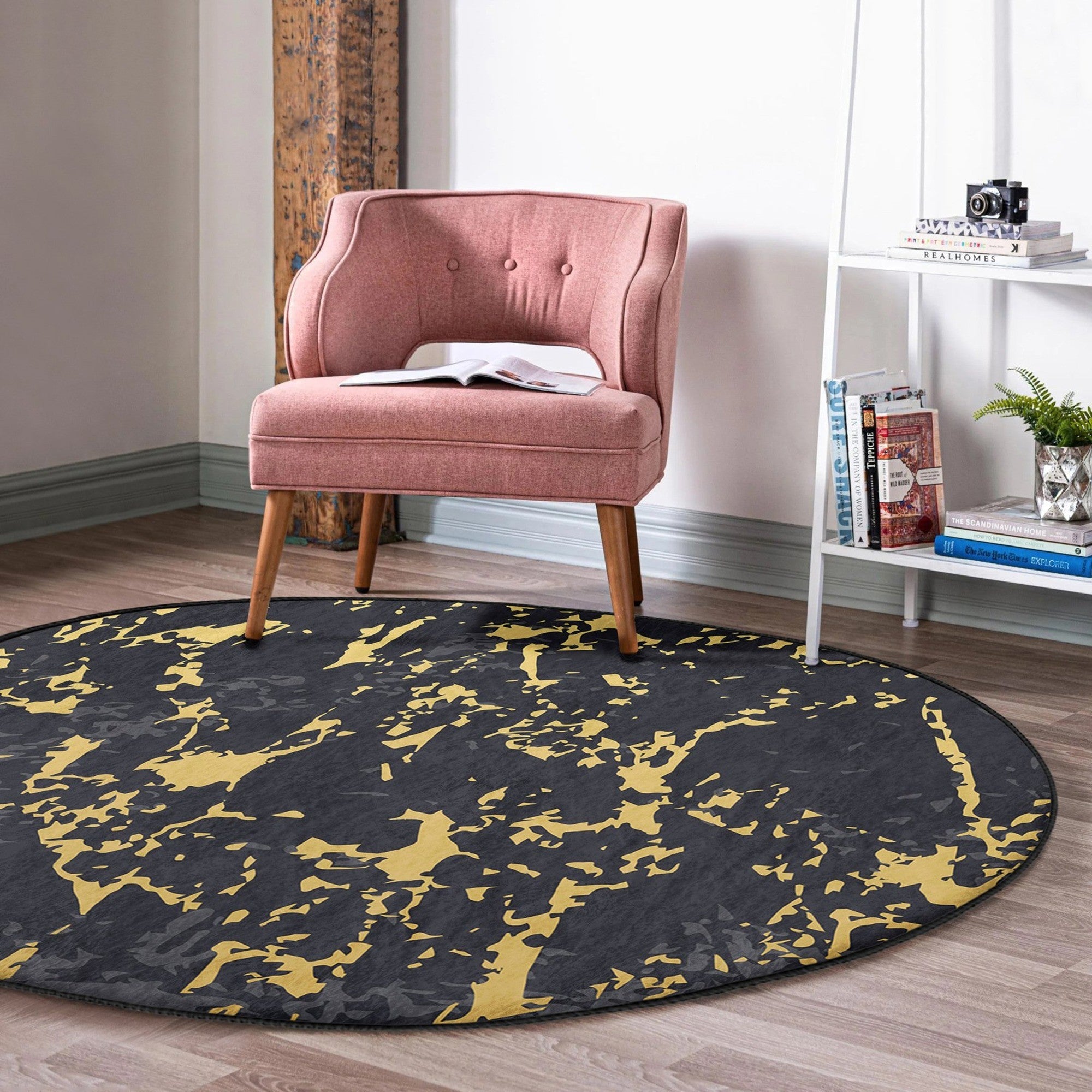 Black Marble Design Washable Round Rug showcasing elegant marble patterns on soft velvet fabric, perfect for home or office decor.