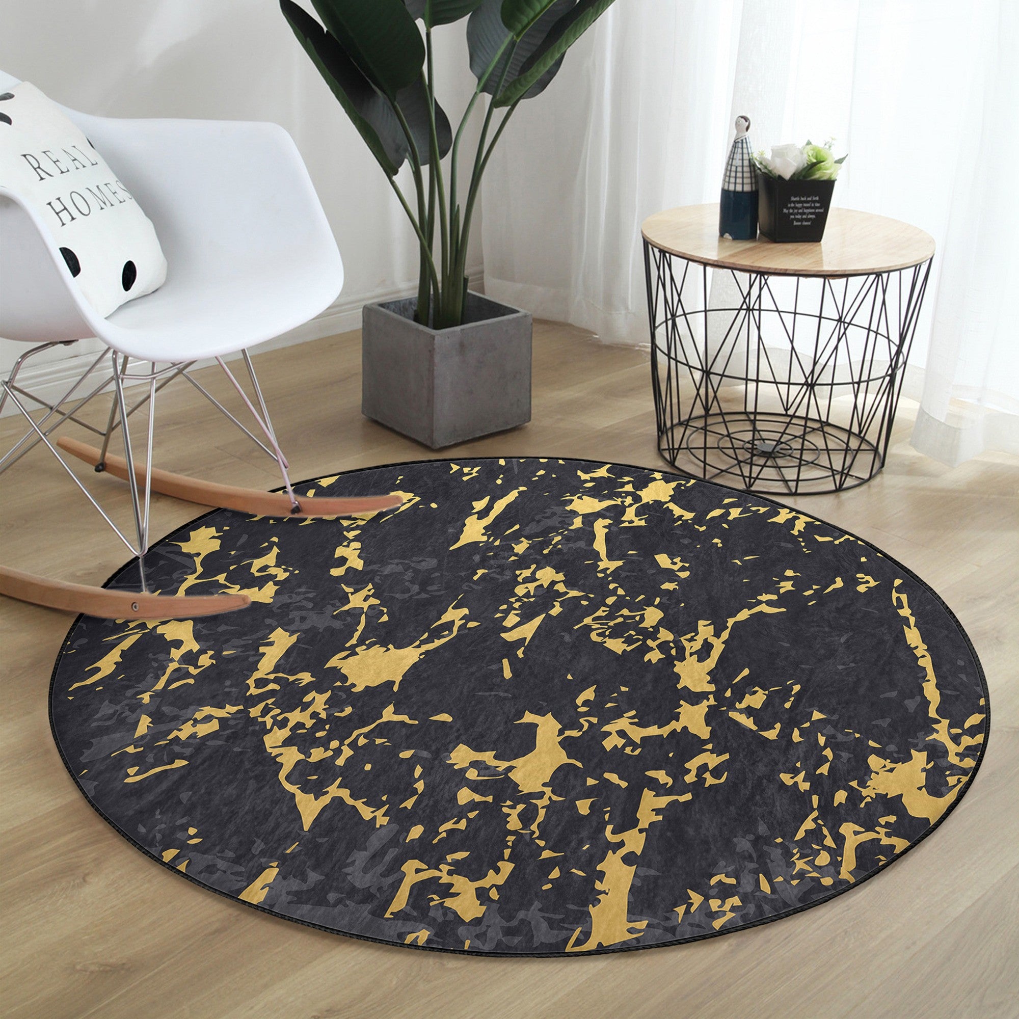 Black Marble Design Washable Round Rug showcasing elegant marble patterns on soft velvet fabric, perfect for home or office decor.