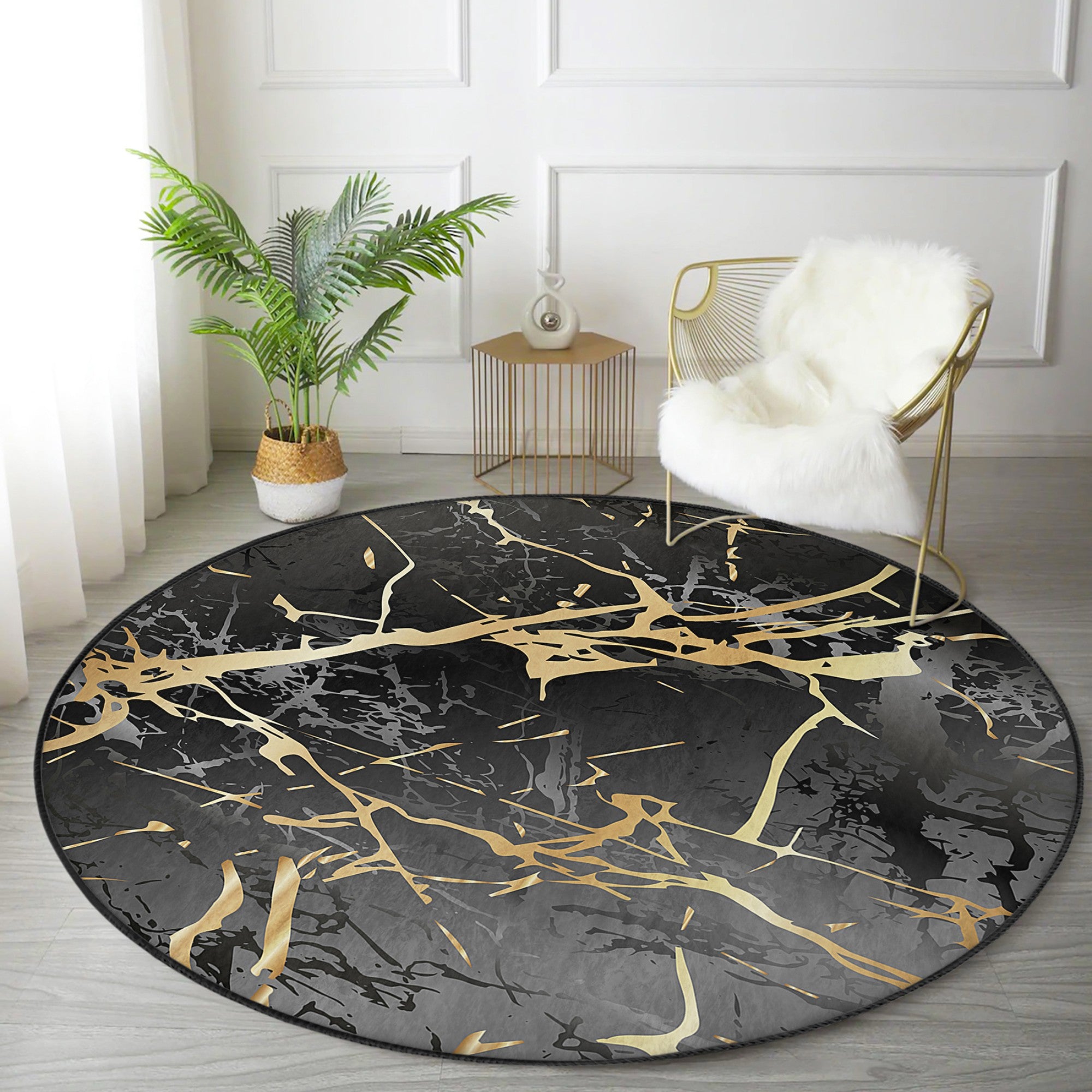 A luxurious round rug featuring a black marble design, made from soft velvet fabric, showcasing elegance and sophistication in home decor.