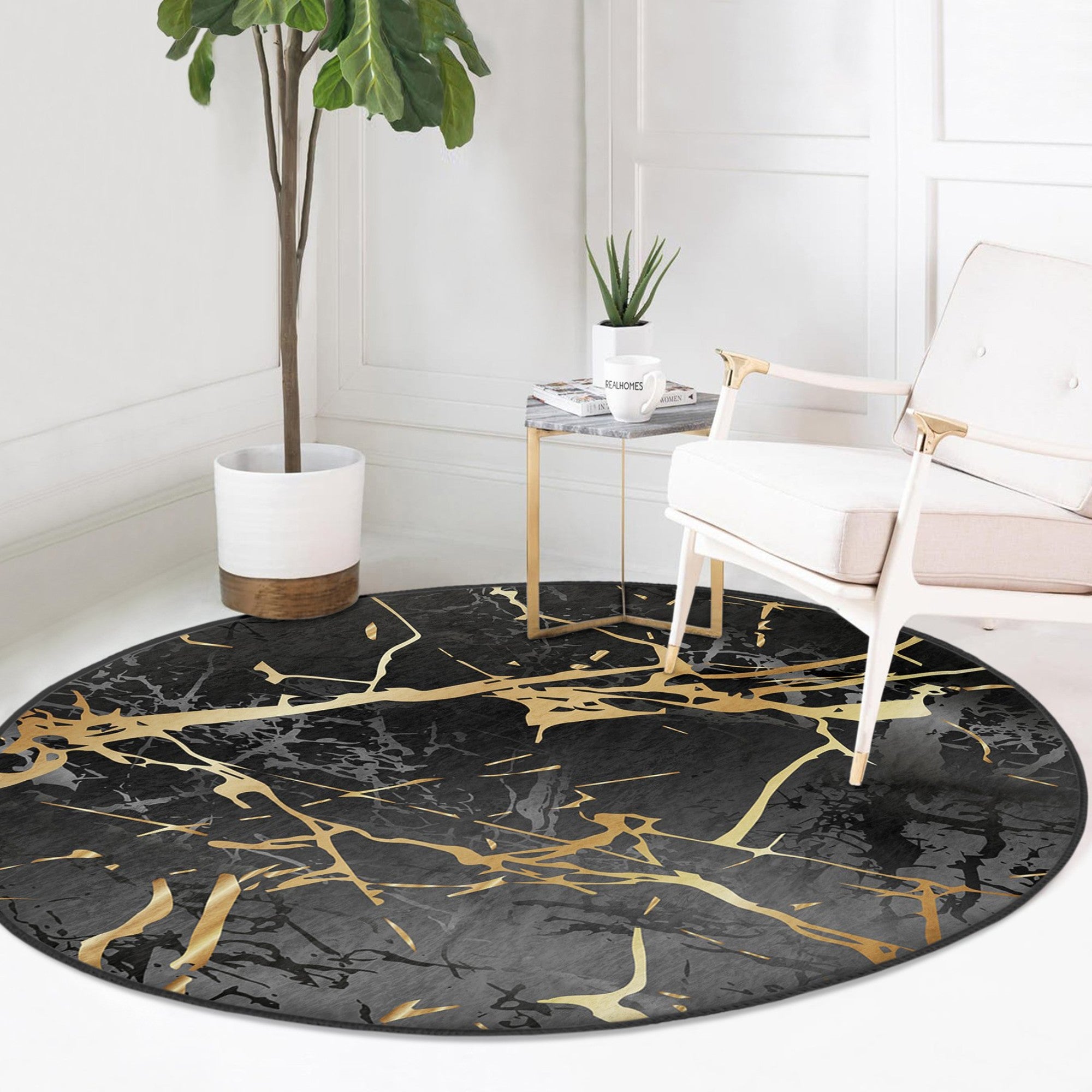 A luxurious round rug featuring a black marble design, made from soft velvet fabric, showcasing elegance and sophistication in home decor.