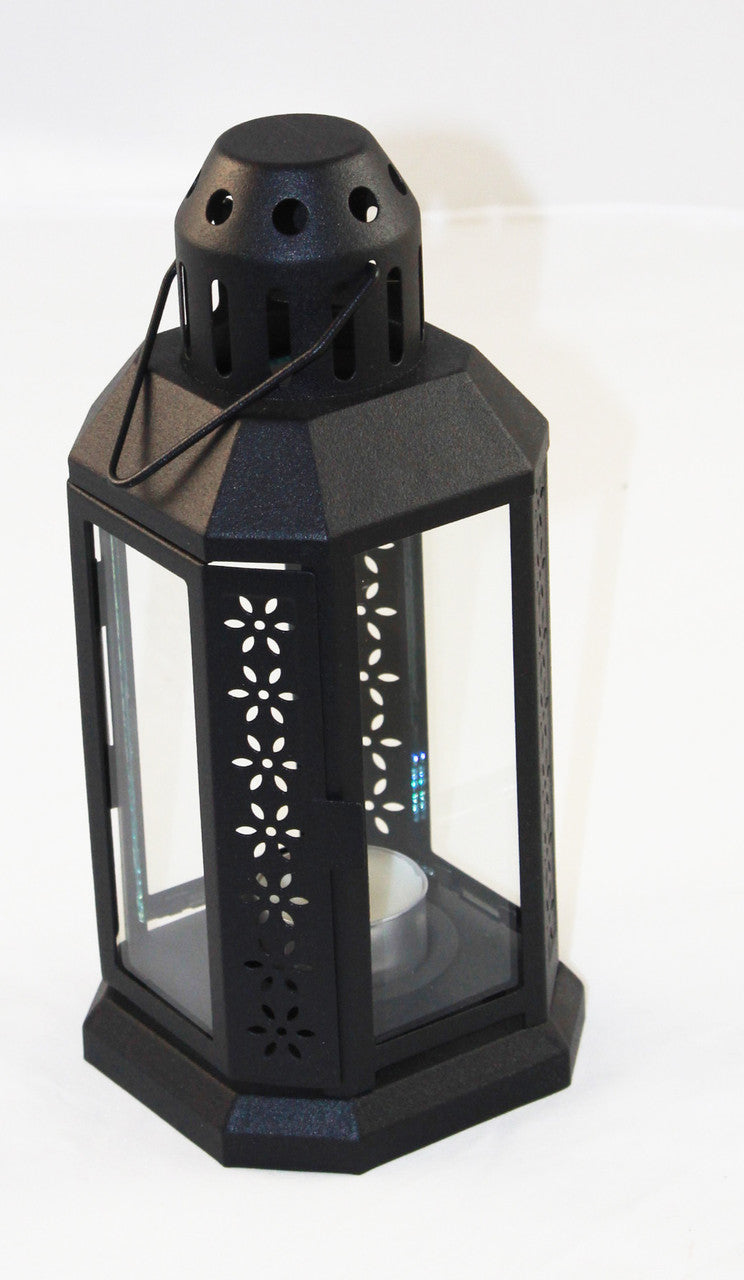 Black Metal Miners Lantern with tealight candle holder, elegant design for weddings and parties.