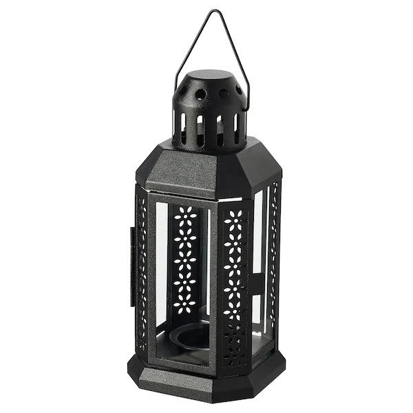 Black Metal Miners Lantern with tealight candle holder, elegant design for weddings and parties.