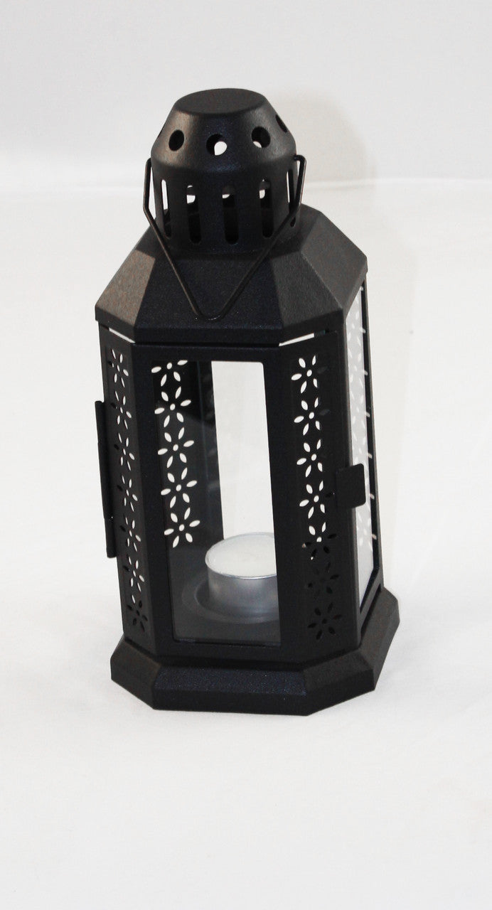 Black Metal Miners Lantern with tealight candle holder, elegant design for weddings and parties.