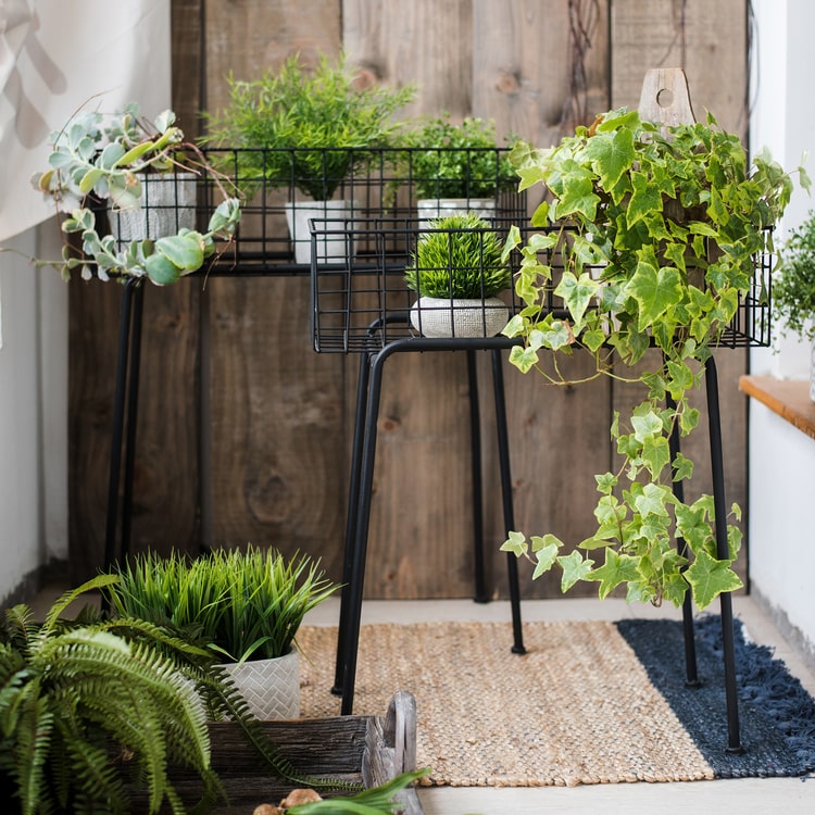 Black metal plant stand showcasing a modern design, perfect for indoor and outdoor use.