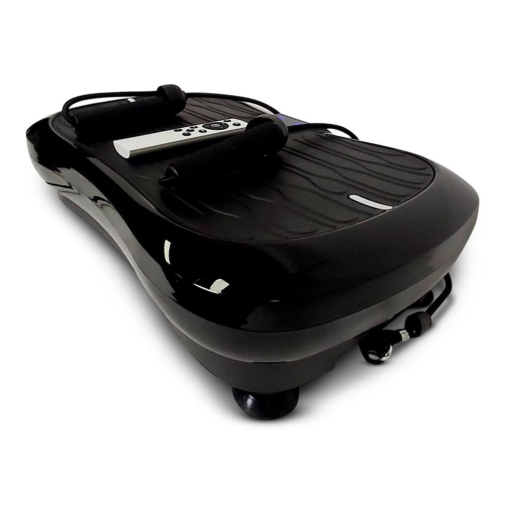 Black Mini Vibration Plate with remote control and resistance bands, designed for effective workouts and easy storage.