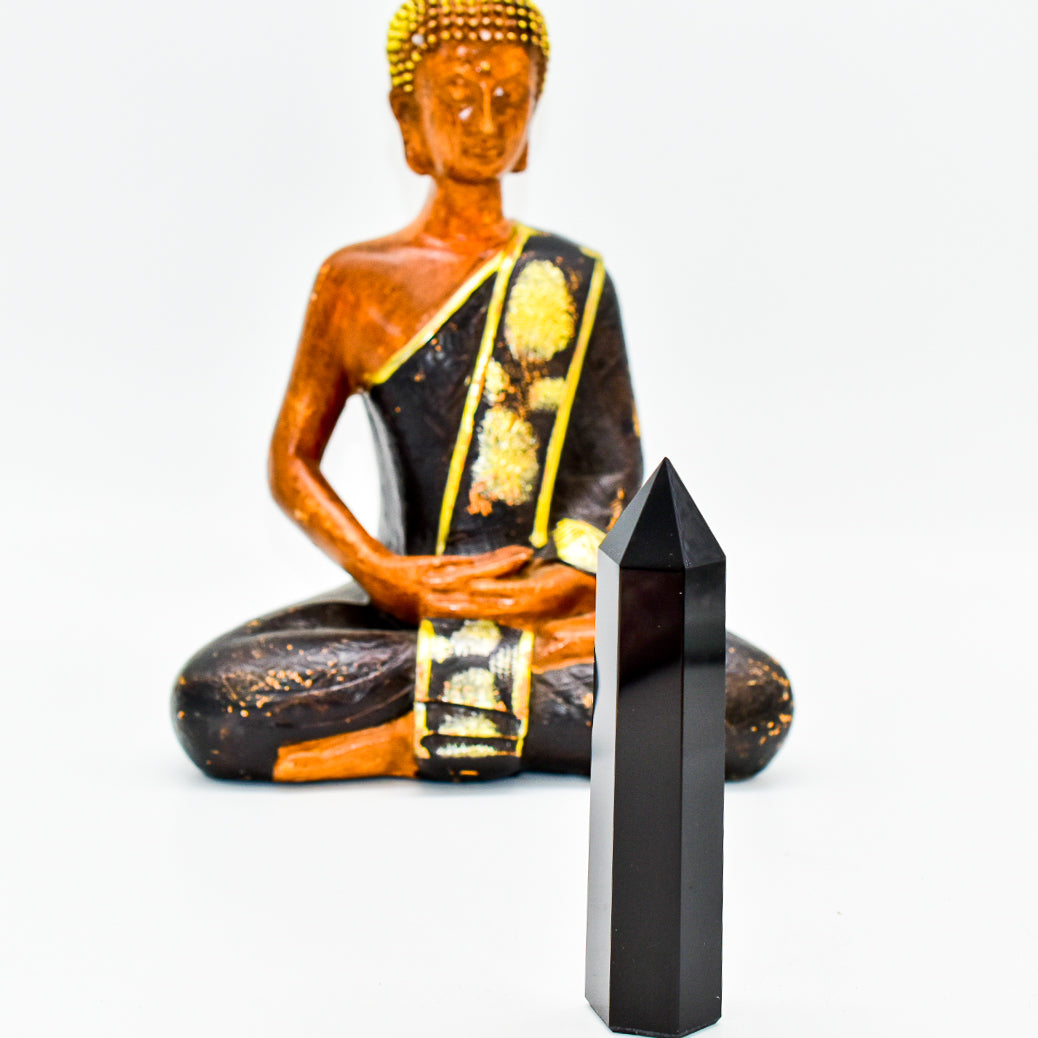 A polished Black Onyx Crystal Point standing 4 inches tall, showcasing its sleek black surface and pointed tip, ideal for meditation and decor.